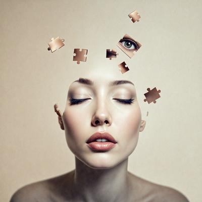 The primary subject of the image is a woman with a piece of a jigsaw puzzle on her head. The setting is a close-up of her face, and the visual style appears to be a combination of a photo and digital art. The colors and mood of the image are warm and inviting, with the woman's face being the main focus of the composition.